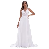 Chiffon Wedding Dresses for Bride Lace Appliques V Neck Long Beach Spaghetti Straps Simple Bridal Gown with Slit