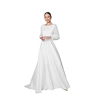 Simple Wedding Dress Chiffon Long Sleeve Sweap Train A-Line Satin Bridal Gown