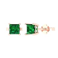 2.0 ct Princess Cut Solitaire Simulated Emerald Pair of Stud Everyday Earrings Solid 18K Pink Rose Gold Butterfly Push Back
