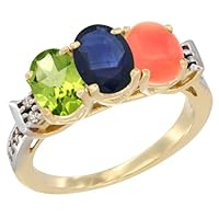14K Yellow Gold Natural Peridot, Blue Sapphire & Coral Ring 3-Stone Oval 7x5 mm Diamond Accent, Sizes 5-10