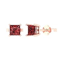 1.50ct Princess Cut Solitaire Natural Red Garnet Pair of Stud Everyday Earrings Solid 18K Pink Rose Gold Butterfly Push Back