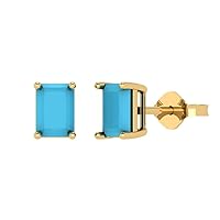 2.1 ct Emerald Cut Solitaire VVS1 Simulated Turquoise Pair of Stud Earrings Solid 18K Yellow Gold Butterfly Push Back