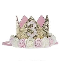 Baby Birthday Crown, Princess Crowns Tiara Girls Party Hat With Gold Glitter and Pink Roses for Birthday Party Decoration