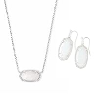 Kendra Scott Gift Bundle, Elisa Pendant Necklace and Dani Drop Earrings for Women, Fashion Jewelry, Rhodium-Plated, White Opal