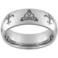 8mm Tungsten Carbide Dome Fleur De Lis & Celtic Triquetra Knot Ring (full & half sizes 5-15)