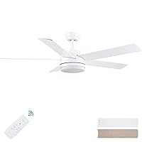 YUHAO 52 inch White Ceiling Fan with Lights and Remote Control,Quiet Reversible Motor,Dimmable tri-Color temperatures LED,5 Blades Modern Ceiling Fan for Indoor.