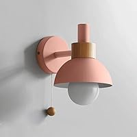 Modern Wall Lamp Sconce with Pull Cord Switch, Indoor Bedside Wall Light E27 Base Nordic Wood Decoration Bedroom Living Room Metal Lighting Fixture, 110-220V