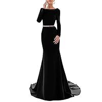 VeraQueen Women's Satin Long Sleeve Mermaid Prom Dress Jewel Neck Evening Dresses with Belt Beads