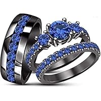 2.30 Ct Round Cut Lab Created Blue Sapphire His & Her Wedding Trio Ring Set For 14K Black Gold Plated