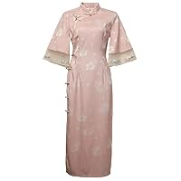 Fairy Pink Jacquard Open-Breasted Cheongsam,Women's Mesh Embroidered Big Sleeve Retro Republic Style Long Cheongsam.