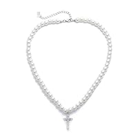 Joocyee Imitation Pearls Chain Vintage Artificial Diamond Cross Pendant Necklace Jewelry,Vintage Diamond Cross Pendant Pearl Necklace,White