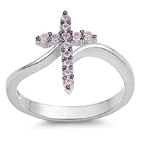 (Pink) Sterling Silver 925 Pretty Cross Charm Design CZ Stone Rings 15MM Sizes 3-13 (5)