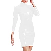 Elegant Turtleneck Bodycon Mini Dress Women Wetlook PVC Leather Nine-Quarter Sleeves Slim Fit Dress