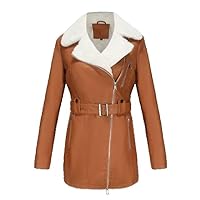 Autumn and Winter Ladies Faux Fur Velvet Leather Coat Lapel Double Zipper Belt Warm Thin s1 Brown M
