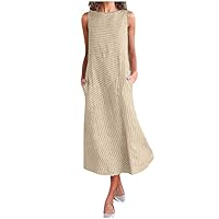 Striped Linen Dresses for Women 2023 Summer Sleeveless Midi Dress, Crewneck Pocket Dresses Trendy Long Sundress