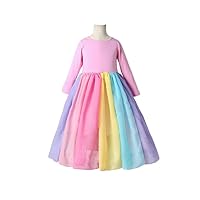 Girls' Skirts Long Sleeve Rainbow mesh Dress Girls Rainbow Printing Princess Dress Fairy Dress