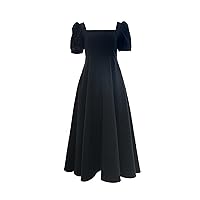 Lolita Gothic Dress Black Dress Women's Summer New Square Neck French Retro Temperament Long Skirt (Color : Black, Size : 4X-Large)
