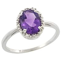 Sterling Silver Diamond Halo Amethyst Ring 1.2 carat Oval Shape 8X6 mm, 7/16 inch (11mm) wide, sizes 5-10