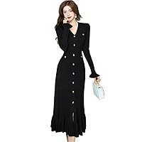 Han Winter Elegant V-Neck Pencil Dress Womens Knitted Mermaid Dresses Casual Party Office
