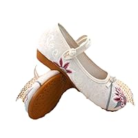 Summer Women Loafers Retro Floral Embroidered Dress Shoes Ladies Round Toe Button Sandal Pumps Party Dancing Shoe Beige 4.5