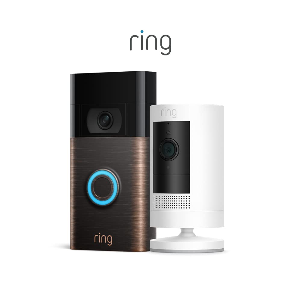 Ring Video Doorbell, Venetian Bronze Bundle with Ring Stick Up Cam Battery, White