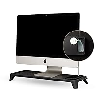 POUT E8 Wood Desk Monitor Computer Stand Riser Shelf + USB HUB + Qi Fast Wireless Charging Charger Pad Mat for Laptop, Apple, iMac, PC, iPhone, Samsung Galaxy, Airpod 2, Buds (Black)