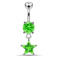 CZ Crystal Gemstone Stylish Round with Star Dangling 925 Sterling Silver Belly Ring Body Jewelry