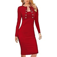Women Retro Charming Full Sleeve One-Pieced Lady Pencil Dress with Buttons