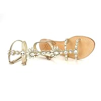 Rhinestone Gladiator Sandals for Women Champagne Strappy Sandals Bridal Flats