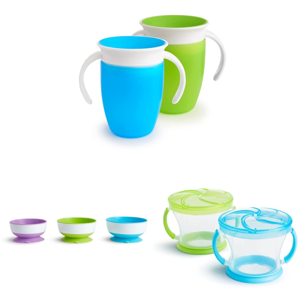 Munchkin® Miracle® 360 Trainer Cup, 7 Ounce, 2 Pack, Green/Blue & Stay Put Suction Bowls for Babies and Toddlers, 3 Pack, Blue/Green/Purple & ® Snack Catcher®, 2 Pack, Blue/Green