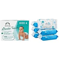 Amazon Brand - Mama Bear Gentle Touch Diapers, Hypoallergenic, Size 4, 148 Count (4 Packs of 37) & 99% Water Baby Wipes Hypoallergenic, Fragrance Free,72 Count (Pack of 6), Shipped Separately