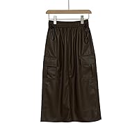 CHCDP Leather Skirt Slimming Casual Half Length Skirt Elastic Waist Pocket