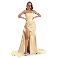 Soft Satin Mermaid Bridesmaid Dresses Spaghetti Straps Long Women's Formal Dresses with Side Slit