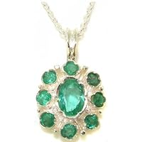 Ladies Solid 925 Sterling Silver Natural Emerald Pendant Necklace with English Hallmarks