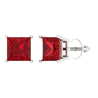 2.0 ct Princess Cut Solitaire Genuine Simulated Red Ruby Pair of Designer Stud Earrings Solid 14k White Gold Screw Back