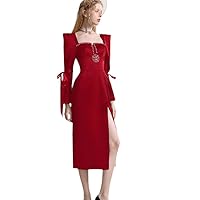 Runway Fall Winter Red Party Dress Vintage Women Diamonds Square Collar Lace Up Bowknot Sleeve Split Long Dress