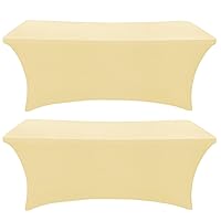 2 Pack 6 Ft Beige Table Cover Fitted Rectangular Tablecloth Stretchable Fabric Lycra Table Cloth 6 ft Wrinkle-Free for Party Tradeshows Banquet Weddings Cocktail