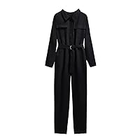 spring autumn plus size jumpsuits for women large long sleeves loose casual jump suit belt black