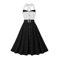 Two Tone Polka Dot Print High Waist Retro Dresses for Women Halter Neck Buttons Belted Vintage Swing Dress