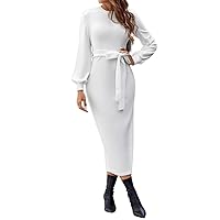 Dresses for Women Women's Dress Solid Bishop Sleeve Belted Dress Dress