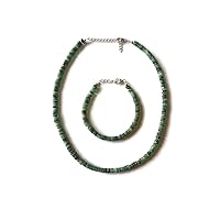 Set of Natural Emerald Heishi/Disc Beads Sterling Silver Necklace-Bracelet, 18 Inch & 8 Inch, Emerald Silver Adjustable Jewelry, May Birthstone