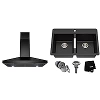 AKDY 30 in. Convertible Kitchen Wall Mount Range Hood with Carbon Filters in Black Painted Stainless Steel & Kraus Quarza Kitchen Sink, 33-Inch Equal Bowls, Black Onyx Granite, KGD-433B model