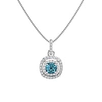 1.10 ctw Cushion Shape Created London Blue Topaz & Cubic Zirconia 925 Sterling Sliver Halo Pendant Necklace Gifts for Women's/Girls 14K Gold Plated