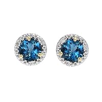 HALO STUD EARRINGS IN TWO TONE YELLOW GOLD WITH SOLITAIRE LONDON BLUE TOPAZ AND DIAMONDS