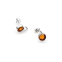 Small Stud Cognac Color Baltic Amber Earring in Sterling Silver
