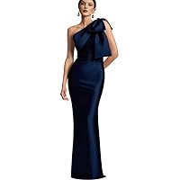 One Shoulder Prom Dress for Women Mermaid Satin Cocktail Dresses Long Bodycon Formal Evening Gowns with Bow IIF043