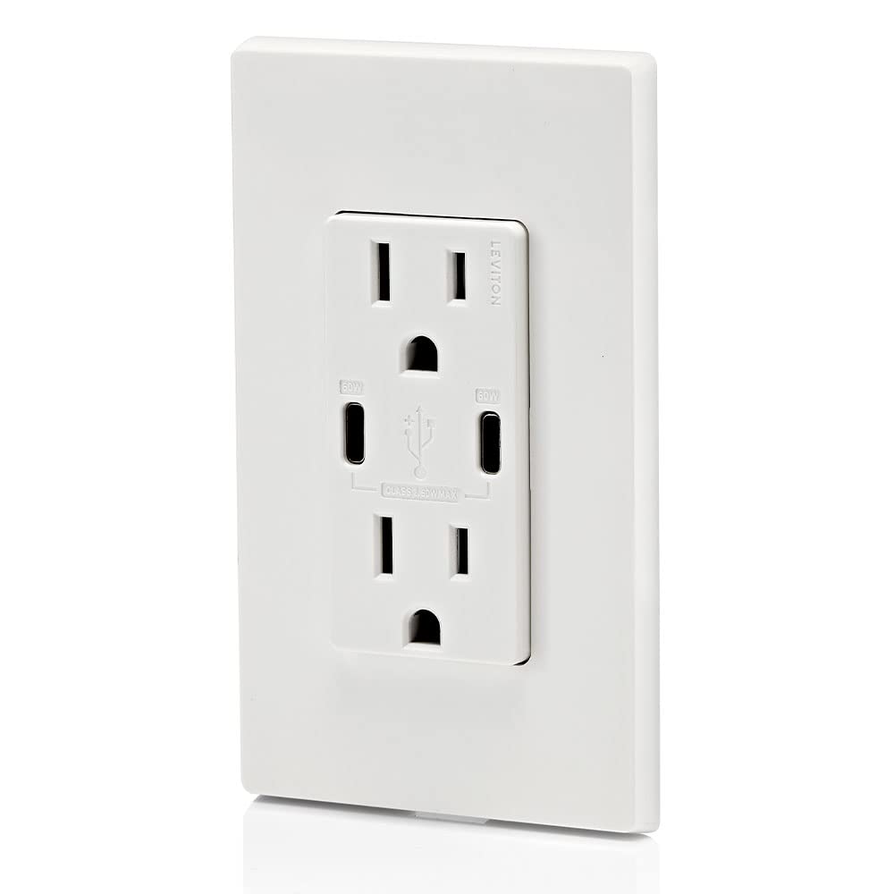 Leviton T5636-W, White 60W (6A) USB Dual Type-C/C Power Delivery Wall Charger with 15A Tamper-Resistant Outlet, 1.4 x 1.73 x 4.04 inches