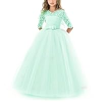 Girl's 3/4 Sleeve Long Pageant Ball Gowns A Line Lace Formal Dance Evening Gown Mint