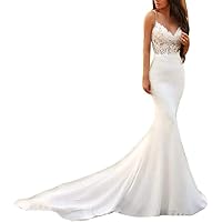 Women's Spaghetti Strap Lace Bridal Ball Gowns with Train Mermaid Wedding Dresses for Bride