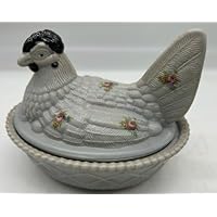 Covered Chicken Dish - 2 Piece Hen - Westmoreland Glass mould (Gray Marble w/Floral Black Head)